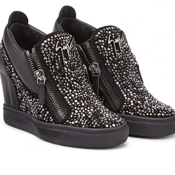GIUSEPPE ZANOTTI - Black Suede Wedge Trainer With Crystals - Picture 1 of 5